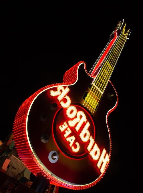 Restored Hard Rock Cafe guitar on display at The Neon Museum